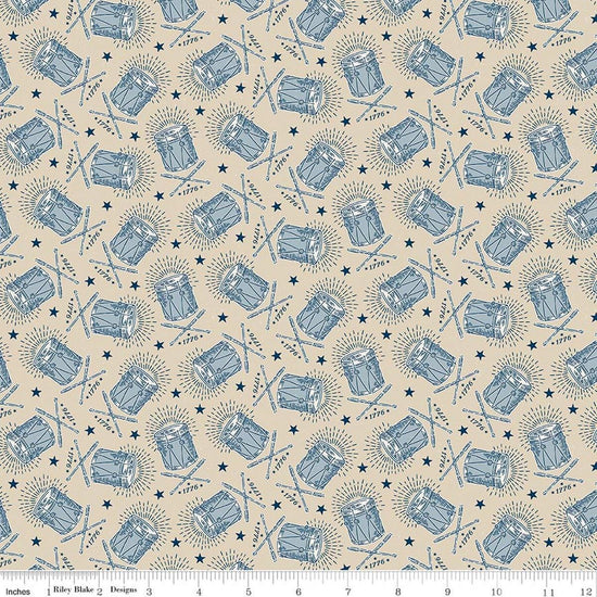 Image of Independence Drums Beige quilting cotton fabric by The RBD Designers for Riley Blake Designs. Features drums on a beige background. Cute Little Fabric Shop.