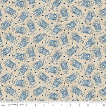Image of Independence Drums Beige quilting cotton fabric by The RBD Designers for Riley Blake Designs. Features drums on a beige background. Cute Little Fabric Shop.