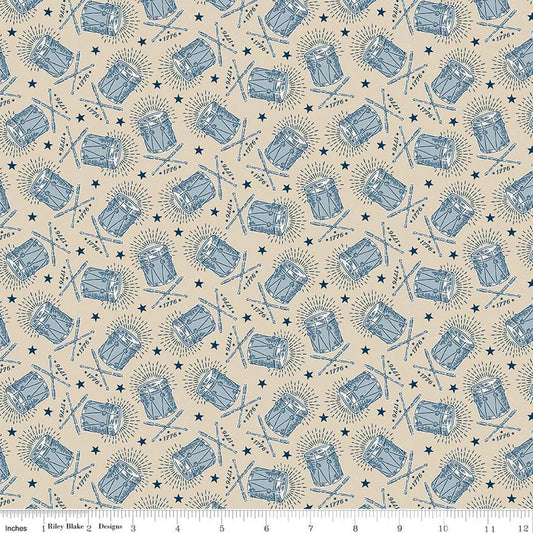 Image of Independence Drums Beige quilting cotton fabric by The RBD Designers for Riley Blake Designs. Features drums on a beige background. Cute Little Fabric Shop.