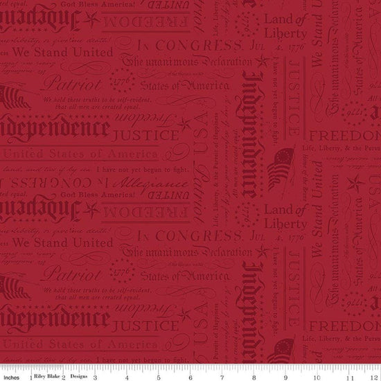 Image of Independence Declaration Cherry Tart quilting cotton fabric by The RBD Designers for Riley Blake Designs. Features words on a red background. Cute Little Fabric Shop.
