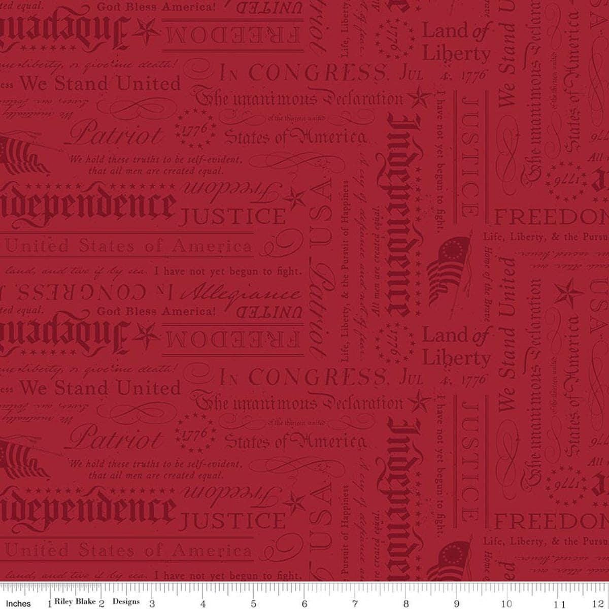 Image of Independence Declaration Cherry Tart quilting cotton fabric by The RBD Designers for Riley Blake Designs. Features words on a red background. Cute Little Fabric Shop.