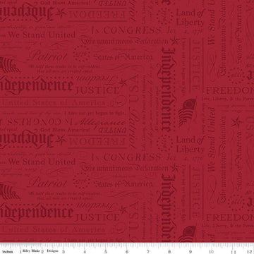 Image of Independence Declaration Cherry Tart quilting cotton fabric by The RBD Designers for Riley Blake Designs. Features words on a red background. Cute Little Fabric Shop.