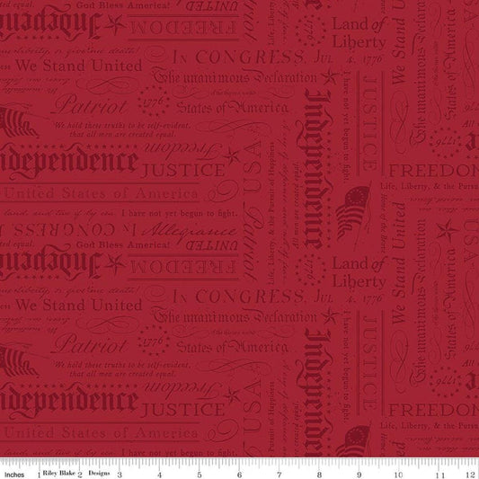 Image of Independence Declaration Cherry Tart quilting cotton fabric by The RBD Designers for Riley Blake Designs. Features words on a red background. Cute Little Fabric Shop.