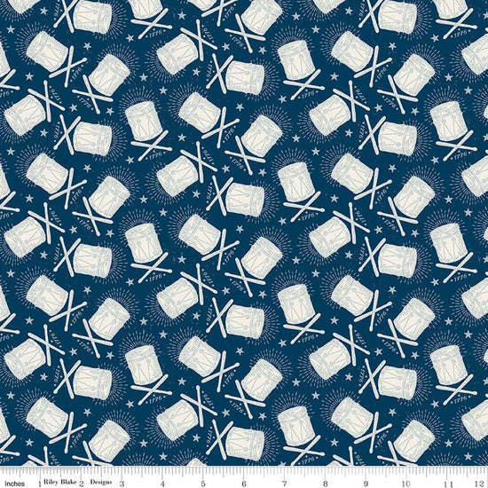 Image of Independence Drums Oxford quilting cotton fabric by The RBD Designers for Riley Blake Designs. Features drums on a blue background. Cute Little Fabric Shop.