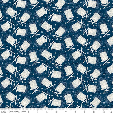 Image of Independence Drums Oxford quilting cotton fabric by The RBD Designers for Riley Blake Designs. Features drums on a blue background. Cute Little Fabric Shop.