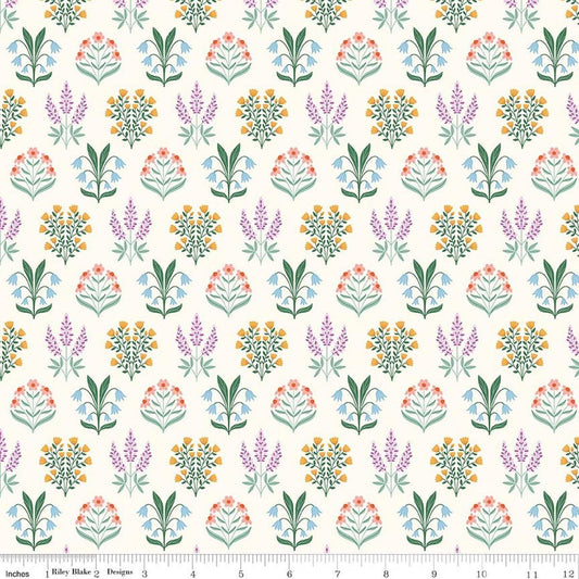 Image of Meadow Moments Blossom Trail Cream quilting cotton pattern by Little Forest Atelier for Riley Blake Designs. Features flowers on a cream background. Cute Little Fabric Shop.