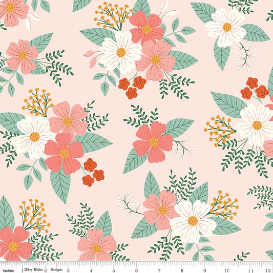 Image of Meadow Moments Main Pink quilting cotton pattern by Little Forest Atelier for Riley Blake Designs. Features flowers on a pink background. Cute Little Fabric Shop.