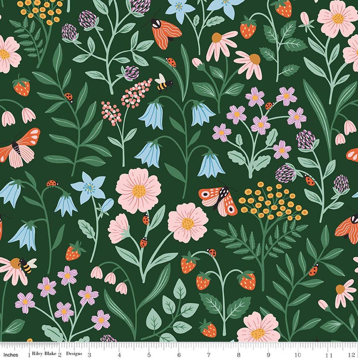Image of Meadow Moments Blooms and Bugs Forest quilting cotton pattern by Little Forest Atelier for Riley Blake Designs. Features flowers on a green background. Cute Little Fabric Shop.