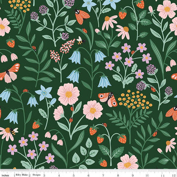 Image of Meadow Moments Blooms and Bugs Forest quilting cotton pattern by Little Forest Atelier for Riley Blake Designs. Features flowers on a green background. Cute Little Fabric Shop.