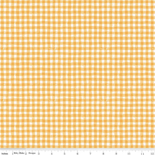 Image of Meadow Moments Summer Gingham Yellow quilting cotton pattern by Little Forest Atelier for Riley Blake Designs. Features gingham on a yellow background. Cute Little Fabric Shop.