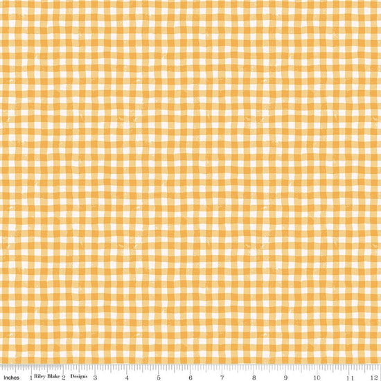 Image of Meadow Moments Summer Gingham Yellow quilting cotton pattern by Little Forest Atelier for Riley Blake Designs. Features gingham on a yellow background. Cute Little Fabric Shop.