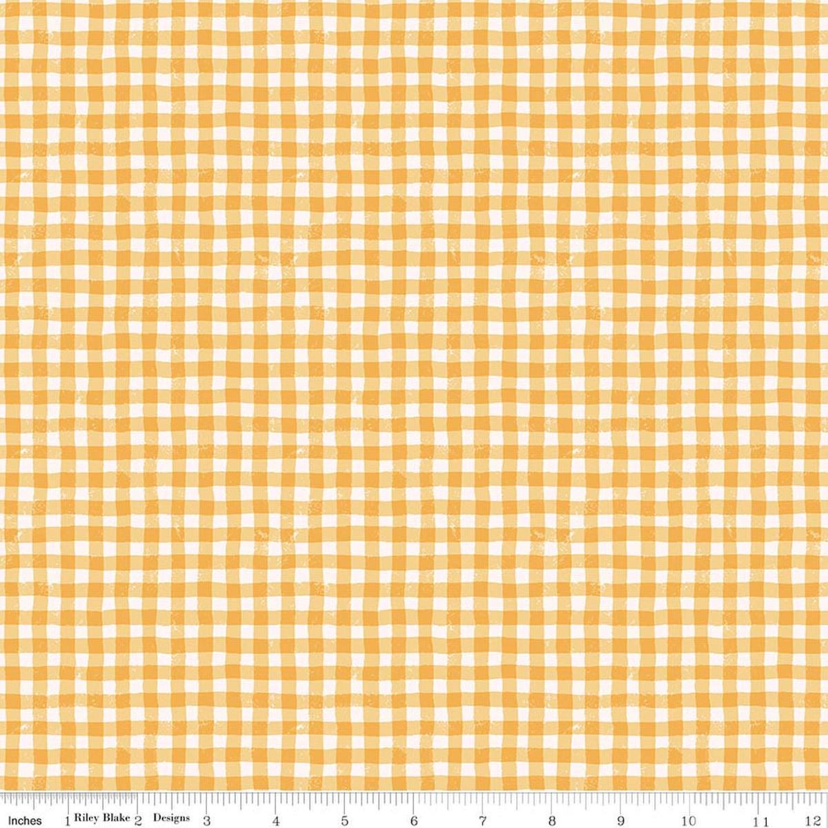 Image of Meadow Moments Summer Gingham Yellow quilting cotton pattern by Little Forest Atelier for Riley Blake Designs. Features gingham on a yellow background. Cute Little Fabric Shop.
