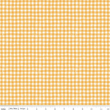 Image of Meadow Moments Summer Gingham Yellow quilting cotton pattern by Little Forest Atelier for Riley Blake Designs. Features gingham on a yellow background. Cute Little Fabric Shop.