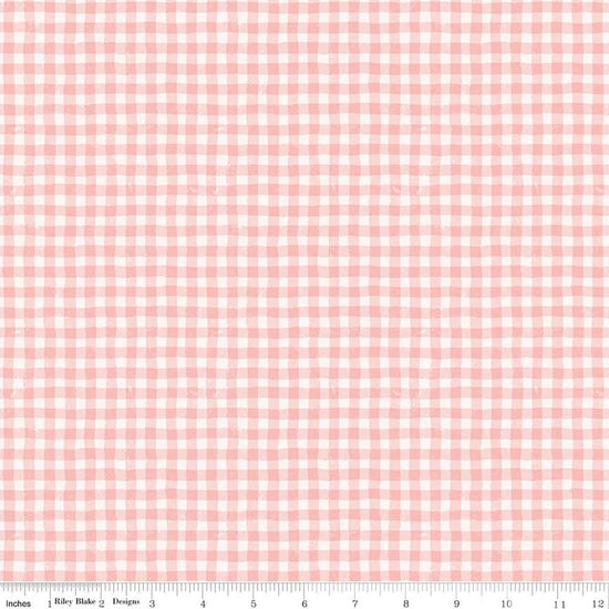 Image of Meadow Moments Summer Gingham Pink quilting cotton pattern by Little Forest Atelier for Riley Blake Designs. Features gingham on a pink background. Cute Little Fabric Shop.