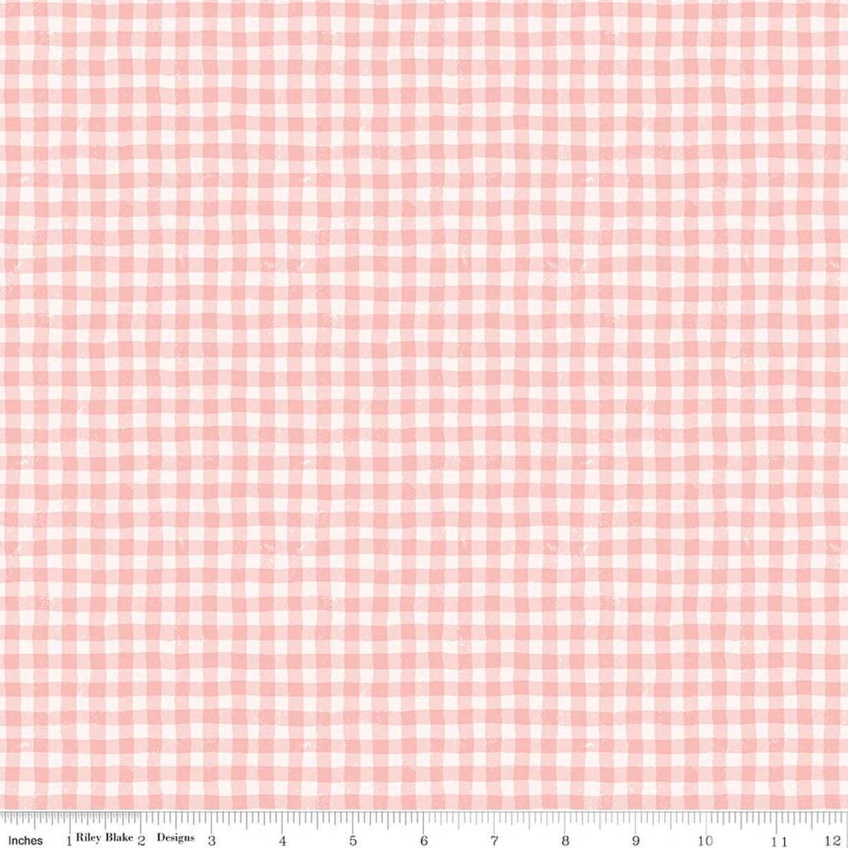 Image of Meadow Moments Summer Gingham Pink quilting cotton pattern by Little Forest Atelier for Riley Blake Designs. Features gingham on a pink background. Cute Little Fabric Shop.