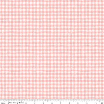 Image of Meadow Moments Summer Gingham Pink quilting cotton pattern by Little Forest Atelier for Riley Blake Designs. Features gingham on a pink background. Cute Little Fabric Shop.