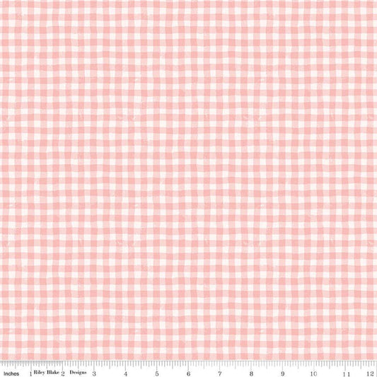 Image of Meadow Moments Summer Gingham Pink quilting cotton pattern by Little Forest Atelier for Riley Blake Designs. Features gingham on a pink background. Cute Little Fabric Shop.