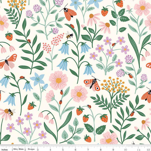 Image of Meadow Moments Blooms and Bugs Cream quilting cotton pattern by Little Forest Atelier for Riley Blake Designs. Features flowers on a cream background. Cute Little Fabric Shop.
