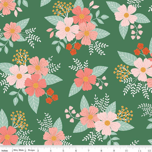 Image of Meadow Moments Main Green quilting cotton pattern by Little Forest Atelier for Riley Blake Designs. Features flowers on a green background. Cute Little Fabric Shop.