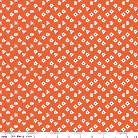 Image of Meadow Moments Flower Sprinkle Geranium quilting cotton pattern by Little Forest Atelier for Riley Blake Designs. Features flowers on an orange background. Cute Little Fabric Shop.