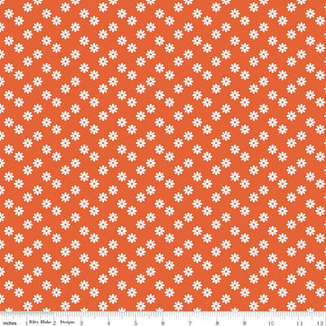 Image of Meadow Moments Flower Sprinkle Geranium quilting cotton pattern by Little Forest Atelier for Riley Blake Designs. Features flowers on an orange background. Cute Little Fabric Shop.