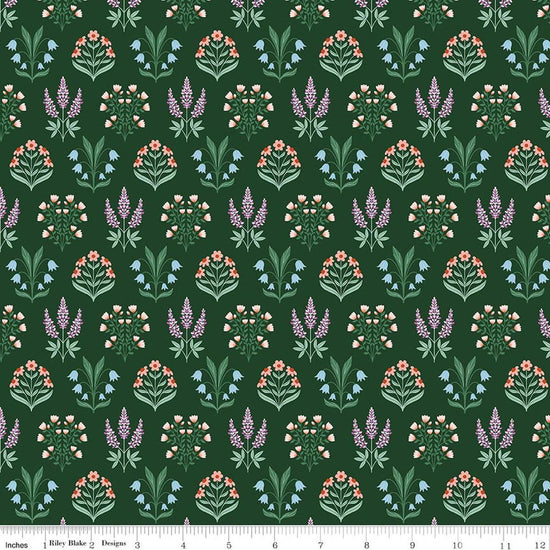 Image of Meadow Moments Blossom Trail Forest quilting cotton pattern by Little Forest Atelier for Riley Blake Designs. Features flowers on a green background. Cute Little Fabric Shop.