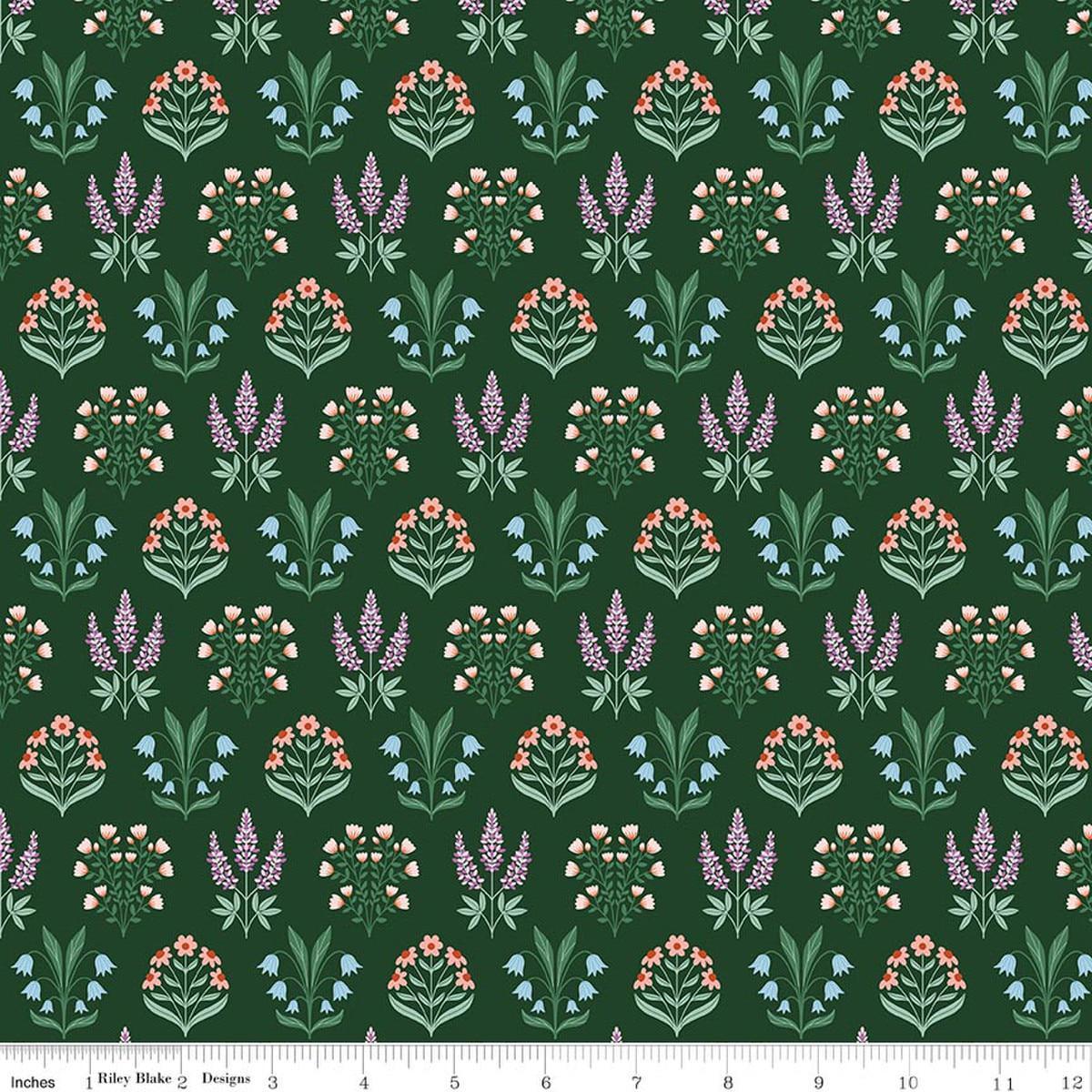 Image of Meadow Moments Blossom Trail Forest quilting cotton pattern by Little Forest Atelier for Riley Blake Designs. Features flowers on a green background. Cute Little Fabric Shop.
