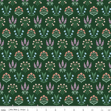 Image of Meadow Moments Blossom Trail Forest quilting cotton pattern by Little Forest Atelier for Riley Blake Designs. Features flowers on a green background. Cute Little Fabric Shop.