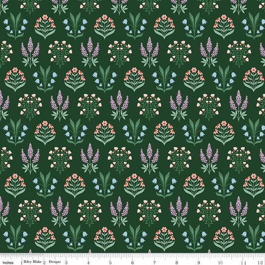 Image of Meadow Moments Blossom Trail Forest quilting cotton pattern by Little Forest Atelier for Riley Blake Designs. Features flowers on a green background. Cute Little Fabric Shop.