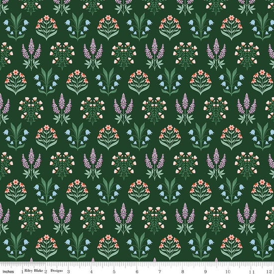 Image of Meadow Moments Blossom Trail Forest quilting cotton pattern by Little Forest Atelier for Riley Blake Designs. Features flowers on a green background. Cute Little Fabric Shop.