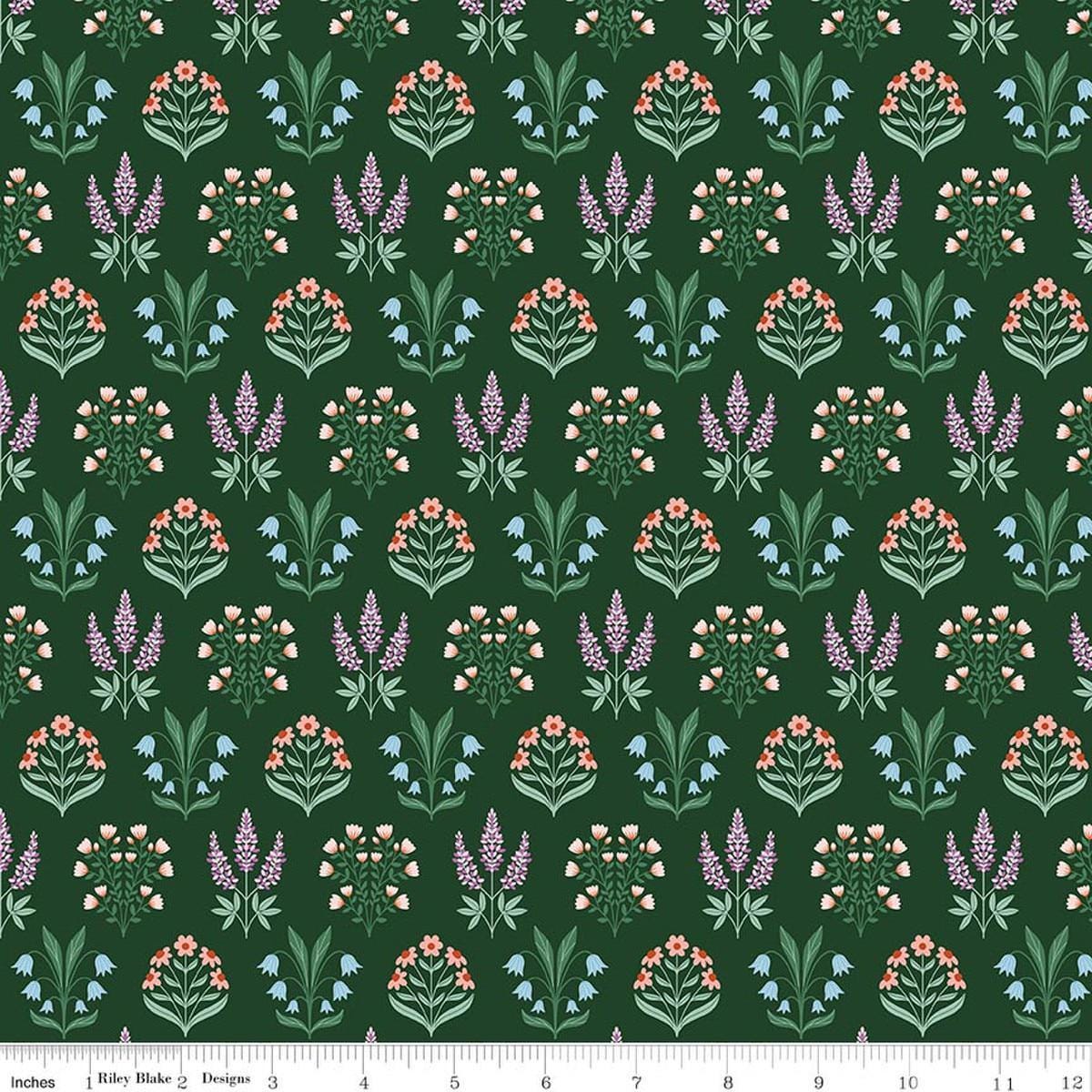 Image of Meadow Moments Blossom Trail Forest quilting cotton pattern by Little Forest Atelier for Riley Blake Designs. Features flowers on a green background. Cute Little Fabric Shop.