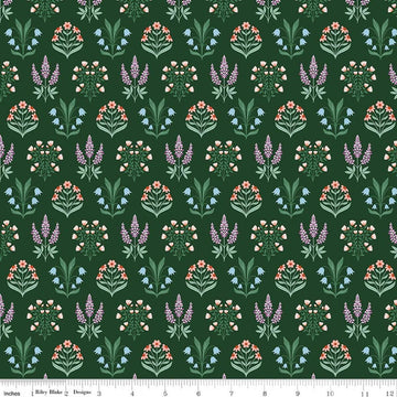 Image of Meadow Moments Blossom Trail Forest quilting cotton pattern by Little Forest Atelier for Riley Blake Designs. Features flowers on a green background. Cute Little Fabric Shop.