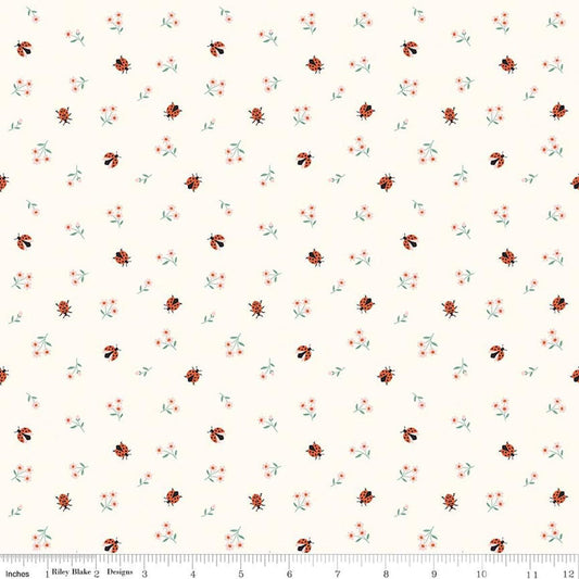 Image of Meadow Moments Ladybugs Cream quilting cotton pattern by Little Forest Atelier for Riley Blake Designs. Features flowers on a cream background. Cute Little Fabric Shop.
