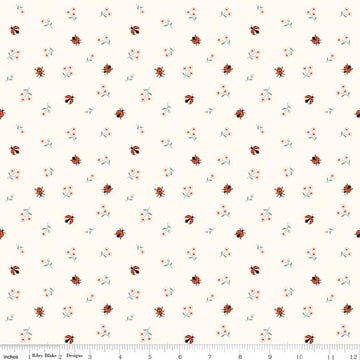 Image of Meadow Moments Ladybugs Cream quilting cotton pattern by Little Forest Atelier for Riley Blake Designs. Features flowers on a cream background. Cute Little Fabric Shop.