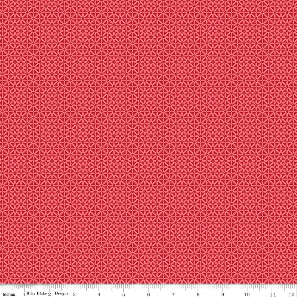 Image of Front Porch Geometric Red quilting cotton fabric by Jill Finley for Riley Blake Designs. Features geometry on a red background. Cute Little Fabric Shop.