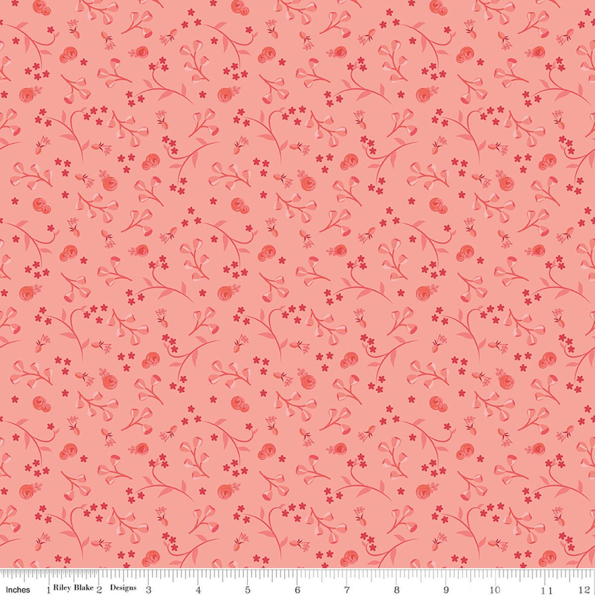 Image of Front Porch Floral Coral quilting cotton fabric by Jill Finley for Riley Blake Designs. Features flowers on a pink background. Cute Little Fabric Shop.
