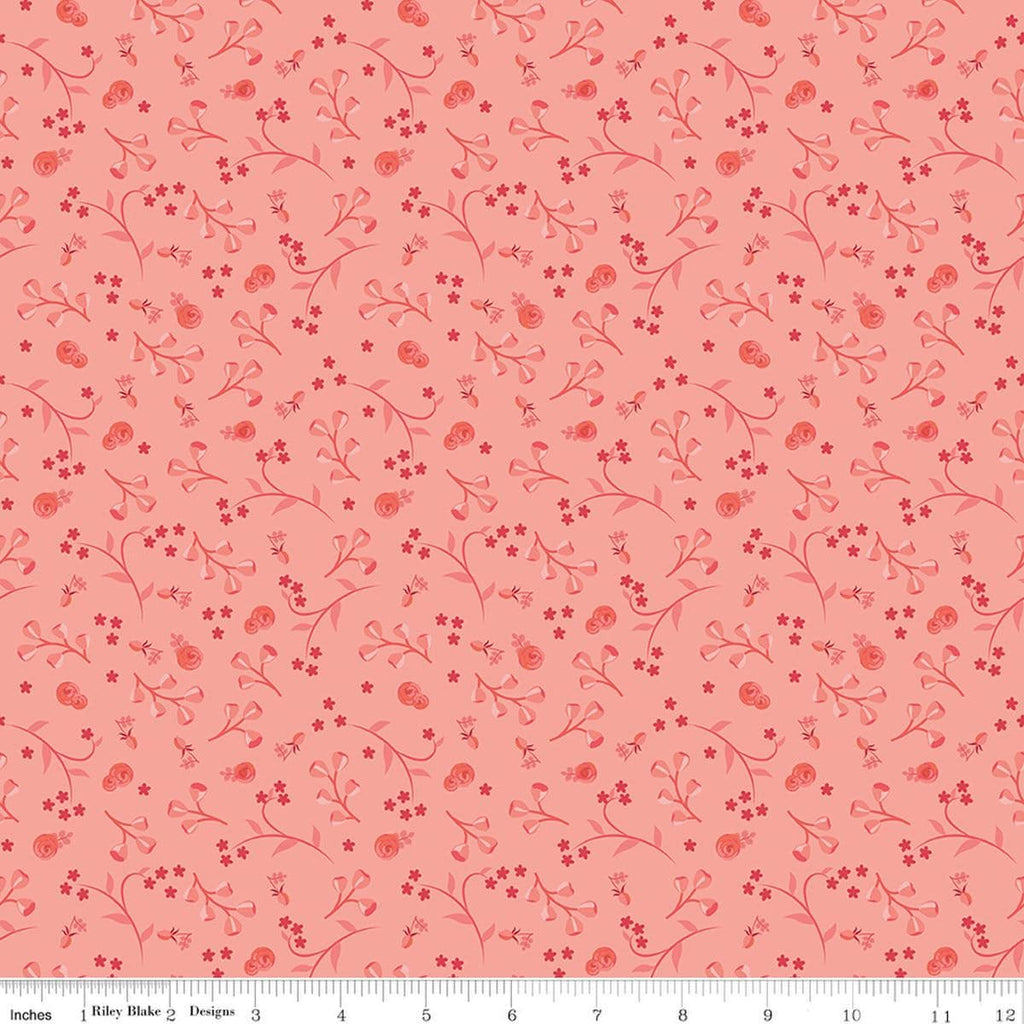 Image of Front Porch Floral Coral quilting cotton fabric by Jill Finley for Riley Blake Designs. Features flowers on a pink background. Cute Little Fabric Shop.