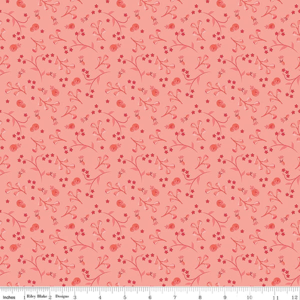 Image of Front Porch Floral Coral quilting cotton fabric by Jill Finley for Riley Blake Designs. Features flowers on a pink background. Cute Little Fabric Shop.