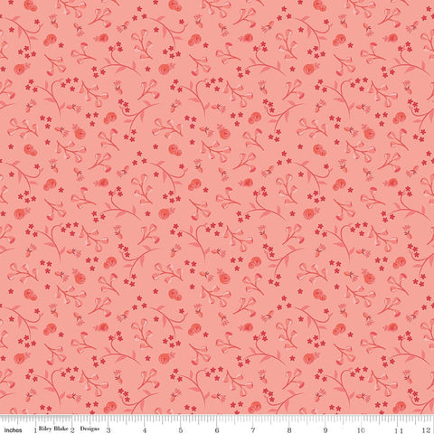 Image of Front Porch Floral Coral quilting cotton fabric by Jill Finley for Riley Blake Designs. Features flowers on a pink background. Cute Little Fabric Shop.