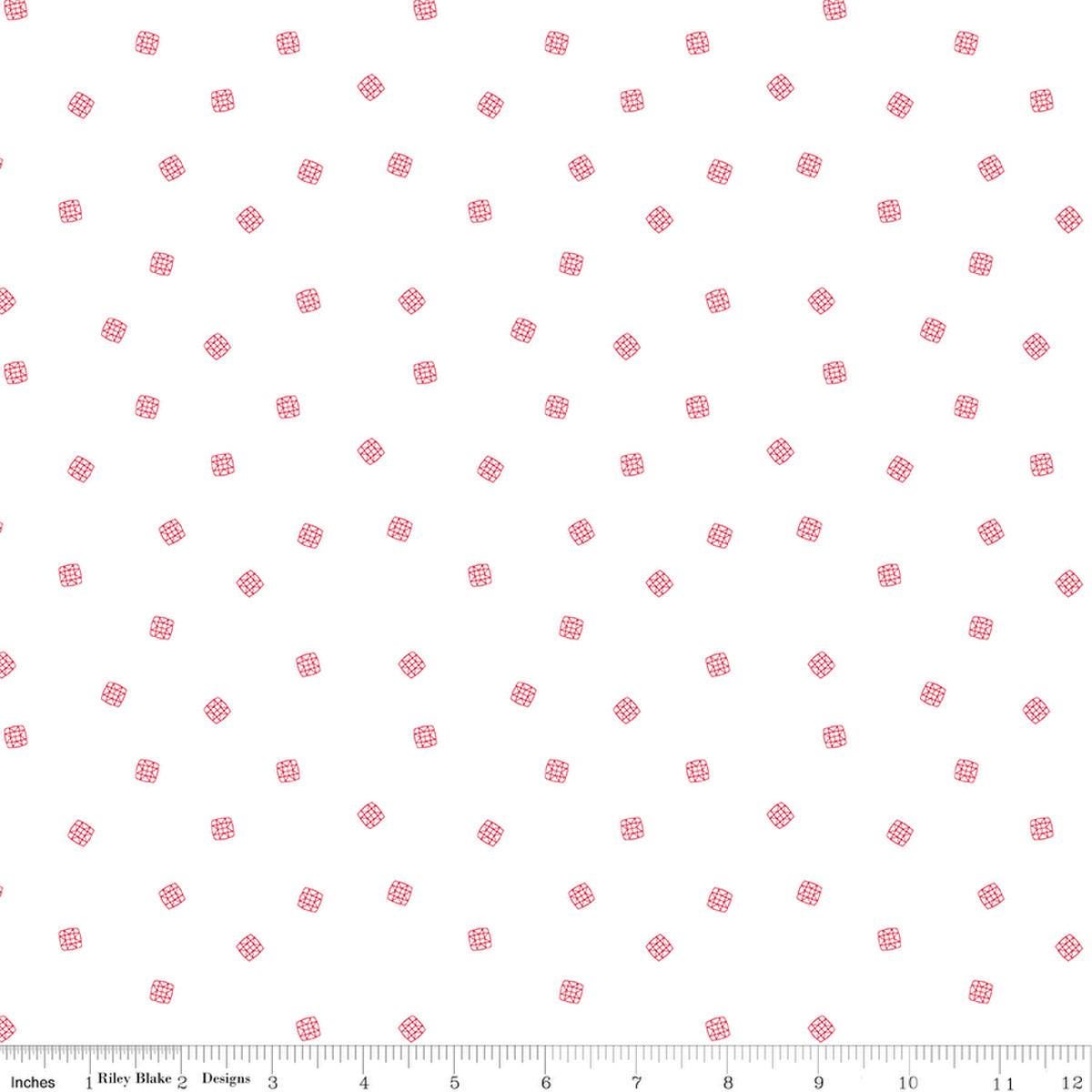 Image of Front Porch Pillow Scatter Red quilting cotton fabric by Jill Finley for Riley Blake Designs. Features small geometric designs on a white background. Cute Little Fabric Shop.