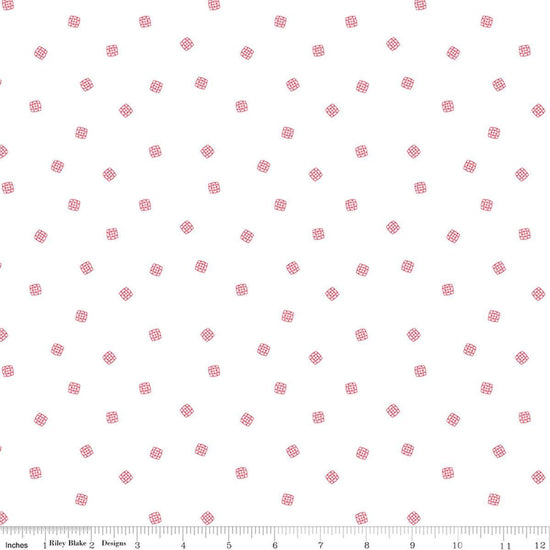 Image of Front Porch Pillow Scatter Red quilting cotton fabric by Jill Finley for Riley Blake Designs. Features small geometric designs on a white background. Cute Little Fabric Shop.