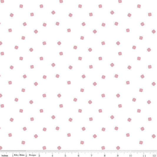 Image of Front Porch Pillow Scatter Red quilting cotton fabric by Jill Finley for Riley Blake Designs. Features small geometric designs on a white background. Cute Little Fabric Shop.