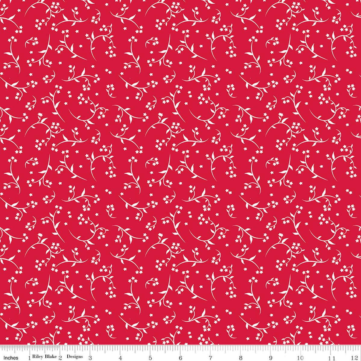 Image of Front Porch Stems Red quilting cotton fabric by Jill Finley for Riley Blake Designs. Features flowers on a red background. Cute Little Fabric Shop.