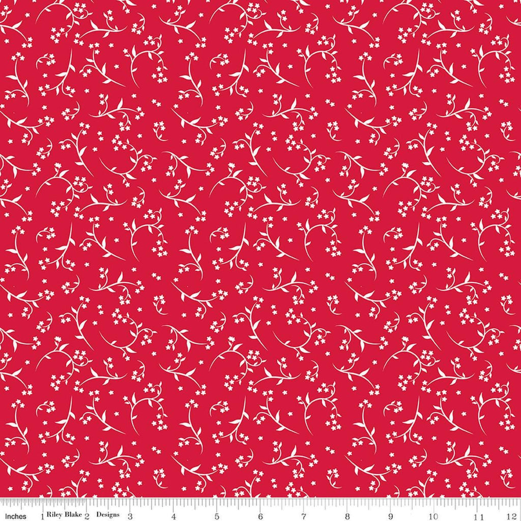 Image of Front Porch Stems Red quilting cotton fabric by Jill Finley for Riley Blake Designs. Features flowers on a red background. Cute Little Fabric Shop.