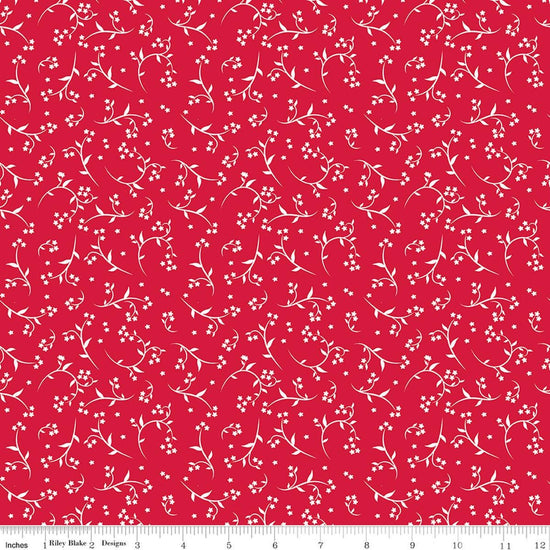 Image of Front Porch Stems Red quilting cotton fabric by Jill Finley for Riley Blake Designs. Features flowers on a red background. Cute Little Fabric Shop.