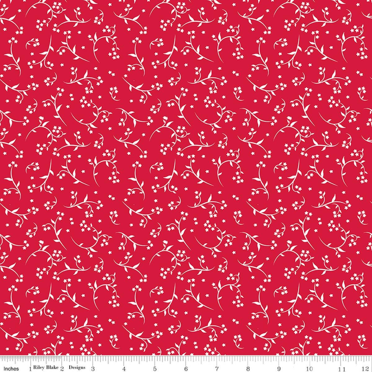 Image of Front Porch Stems Red quilting cotton fabric by Jill Finley for Riley Blake Designs. Features flowers on a red background. Cute Little Fabric Shop.