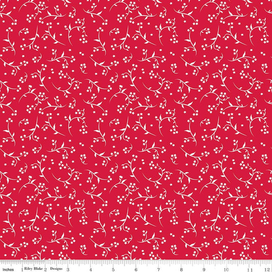 Image of Front Porch Stems Red quilting cotton fabric by Jill Finley for Riley Blake Designs. Features flowers on a red background. Cute Little Fabric Shop.