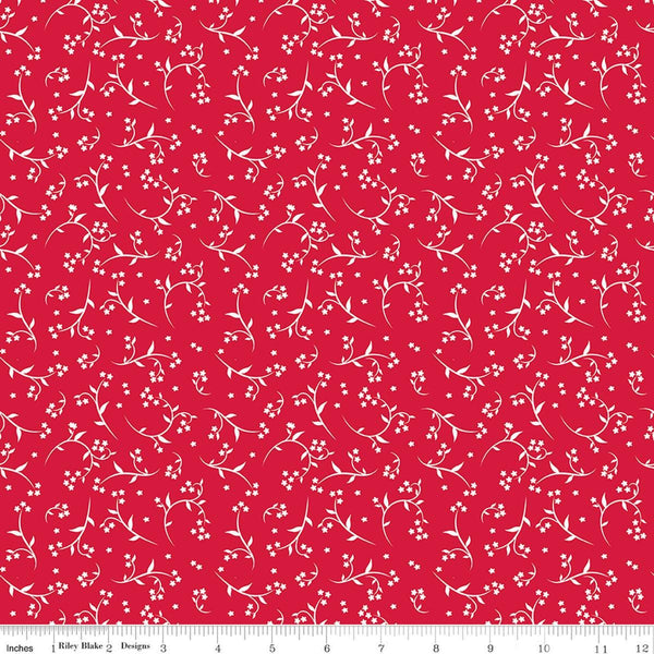 Image of Front Porch Stems Red quilting cotton fabric by Jill Finley for Riley Blake Designs. Features flowers on a red background. Cute Little Fabric Shop.