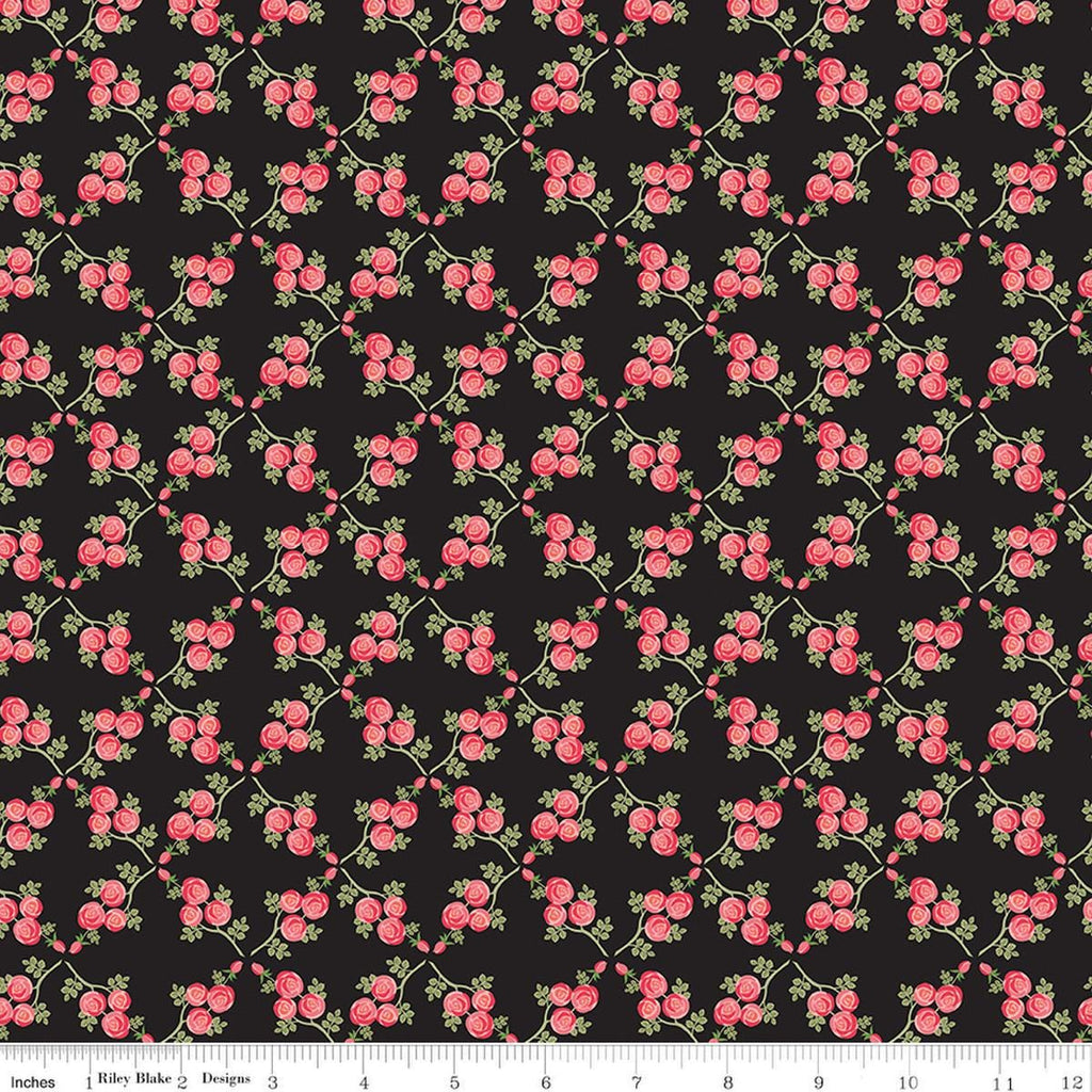 Image of Front Porch Trellis Black quilting cotton fabric by Jill Finley for Riley Blake Designs. Features flowers on a black background. Cute Little Fabric Shop.