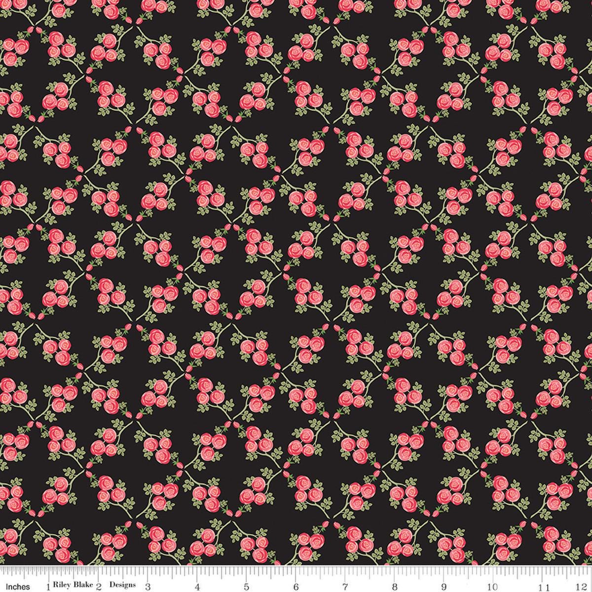 Image of Front Porch Trellis Black quilting cotton fabric by Jill Finley for Riley Blake Designs. Features flowers on a black background. Cute Little Fabric Shop.